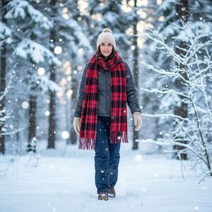 Plaid Scarf Women Oversize Red Black Fringe Cozy Winter Warm Fashion Accessory